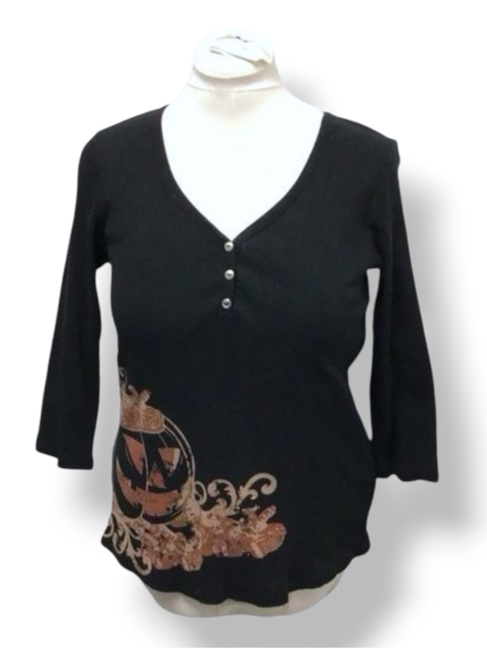 One World Women’s 3/4 Sleeve Graphic Pumpkin Henley T-Shirt w Sequins, size 1X
